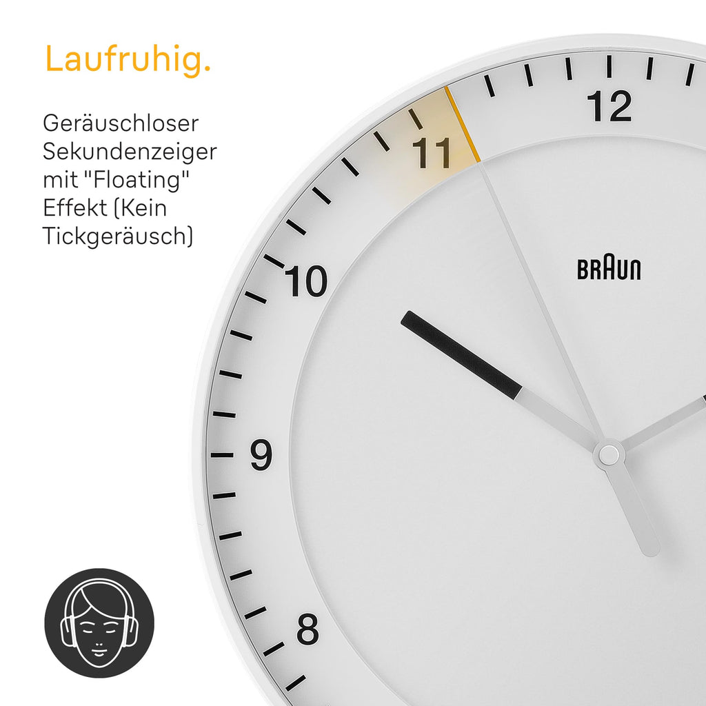 Braun Klassische große Funkwanduhr Mitteleuropäische Zeitzone (MEZ/GMT+1) mit leisem Uhrwerk, leicht lesbarem Zifferblatt, 30cm Durchmesser, weißes Modell BC17W-DCF.