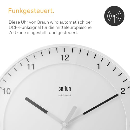 Braun Klassische große Funkwanduhr Mitteleuropäische Zeitzone (MEZ/GMT+1) mit leisem Uhrwerk, leicht lesbarem Zifferblatt, 30cm Durchmesser, weißes Modell BC17W-DCF.