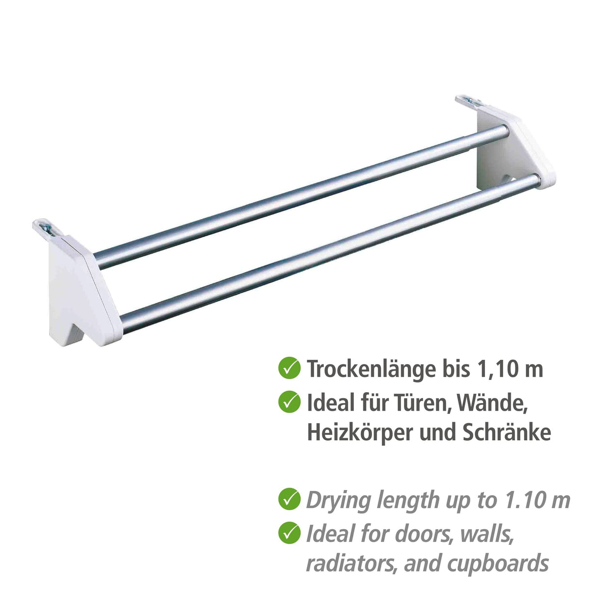 WENKO Heizkörper-Wäschetrockner Twin, stabiler Wäschetrockner zum Einhängen an den Heizkörper, Länge: 2 x 60 cm, universell einsetzbar, aus rostfreiem Aluminium, Maße (B x H x T): 60 x 13 x 11,5 cm