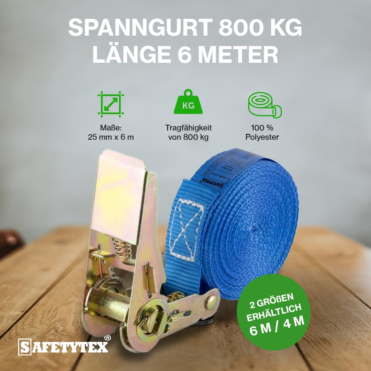 Safetytex Spanngurt 800 daN einteilig 25 mm 4-6 m Ratsche (10 Stück / 6m)
