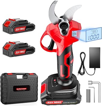 XIAZIR Akku Astschere 35mm, Elektrische Gartenschere mit bürstenloser Motor, mit LCD-Display, 2×21V 2000mAh Akkus und SK5-Stahlklinge, leistungsstarker Astschneider für Bäume, Garten und Obstgarten