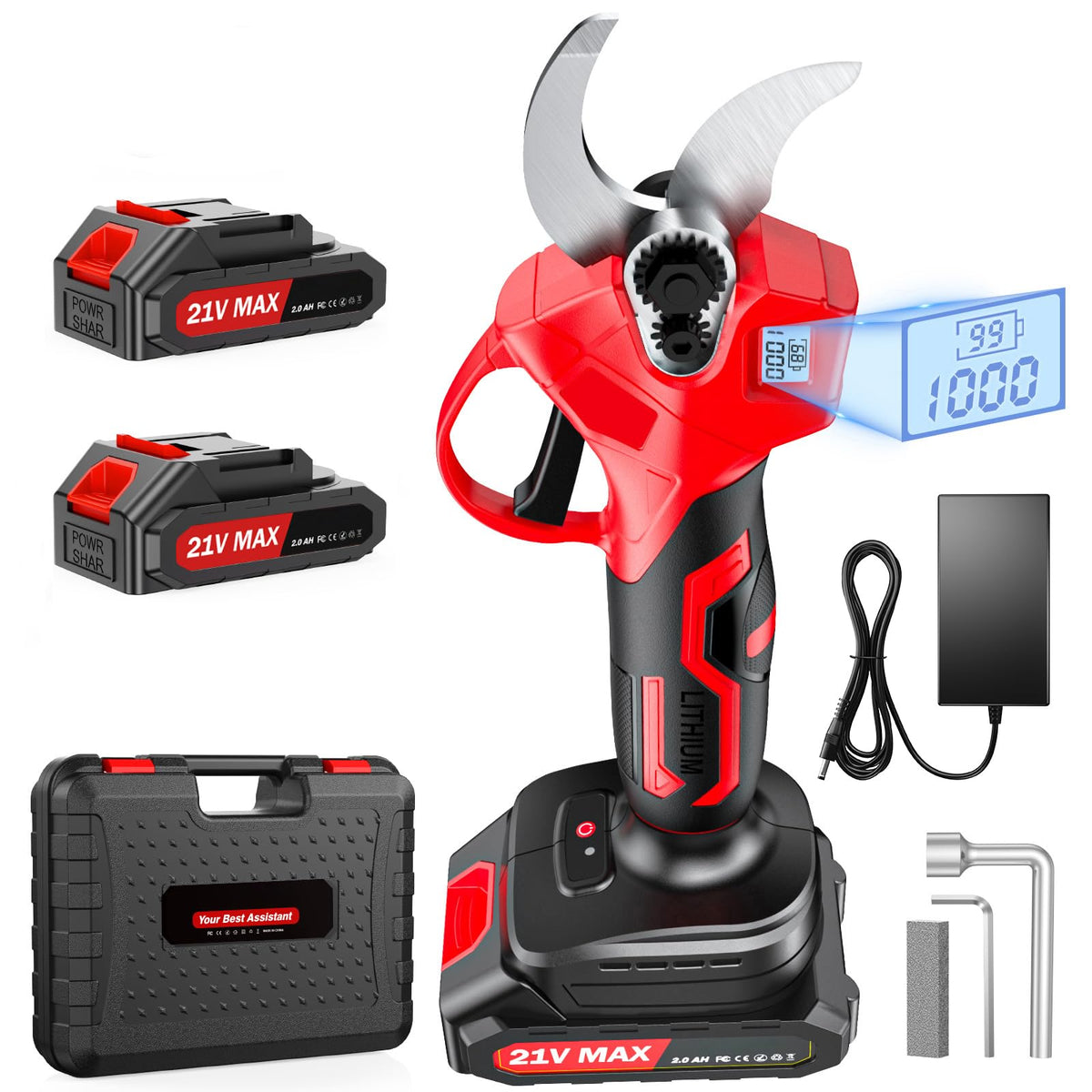 XIAZIR Akku Astschere 35mm, Elektrische Gartenschere mit bürstenloser Motor, mit LCD-Display, 2×21V 2000mAh Akkus und SK5-Stahlklinge, leistungsstarker Astschneider für Bäume, Garten und Obstgarten