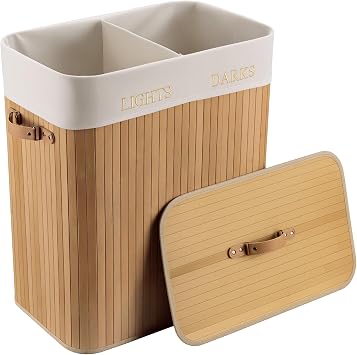 Wiltec Wäschebox 105 L natur Wäschekorb mit Deckel aus Bambus faltbare Wäschebox mit Leinensack mit 2 Fächern zum Sortieren von Schmutzwäsche