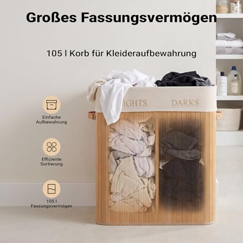 Wiltec Wäschebox 105 L natur Wäschekorb mit Deckel aus Bambus faltbare Wäschebox mit Leinensack mit 2 Fächern zum Sortieren von Schmutzwäsche