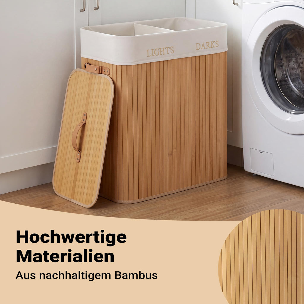 Wiltec Wäschebox 105 L natur Wäschekorb mit Deckel aus Bambus faltbare Wäschebox mit Leinensack mit 2 Fächern zum Sortieren von Schmutzwäsche