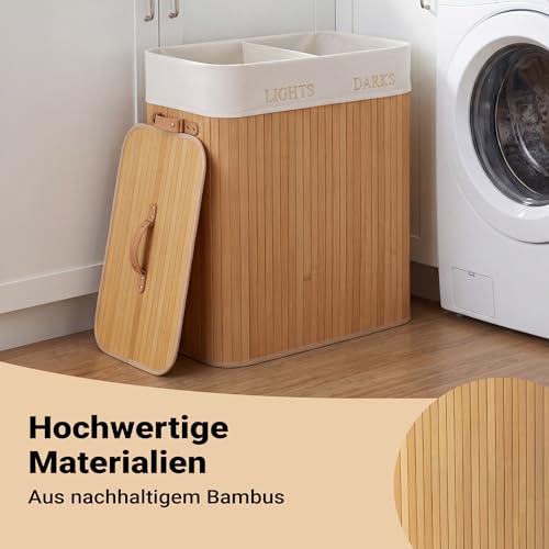 Wiltec Wäschebox 105 L natur Wäschekorb mit Deckel aus Bambus faltbare Wäschebox mit Leinensack mit 2 Fächern zum Sortieren von Schmutzwäsche