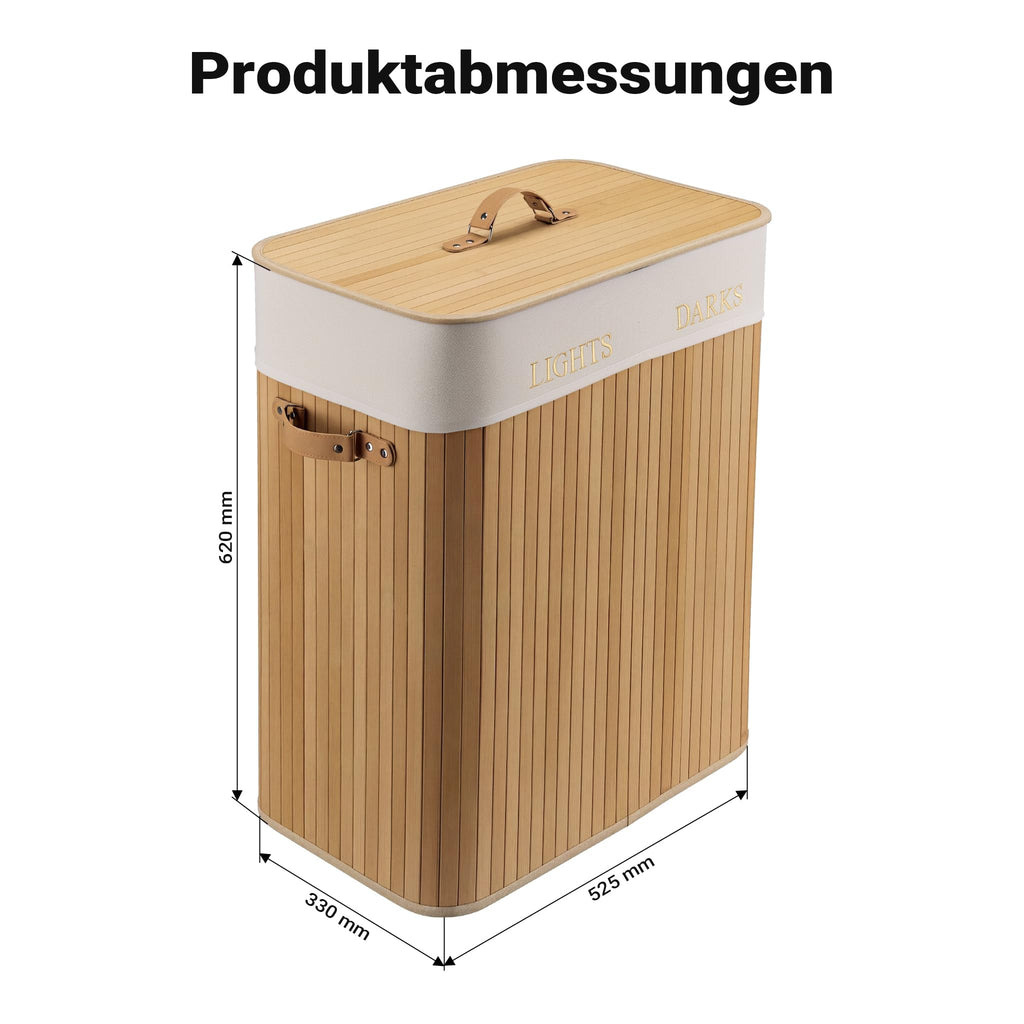 Wiltec Wäschebox 105 L natur Wäschekorb mit Deckel aus Bambus faltbare Wäschebox mit Leinensack mit 2 Fächern zum Sortieren von Schmutzwäsche