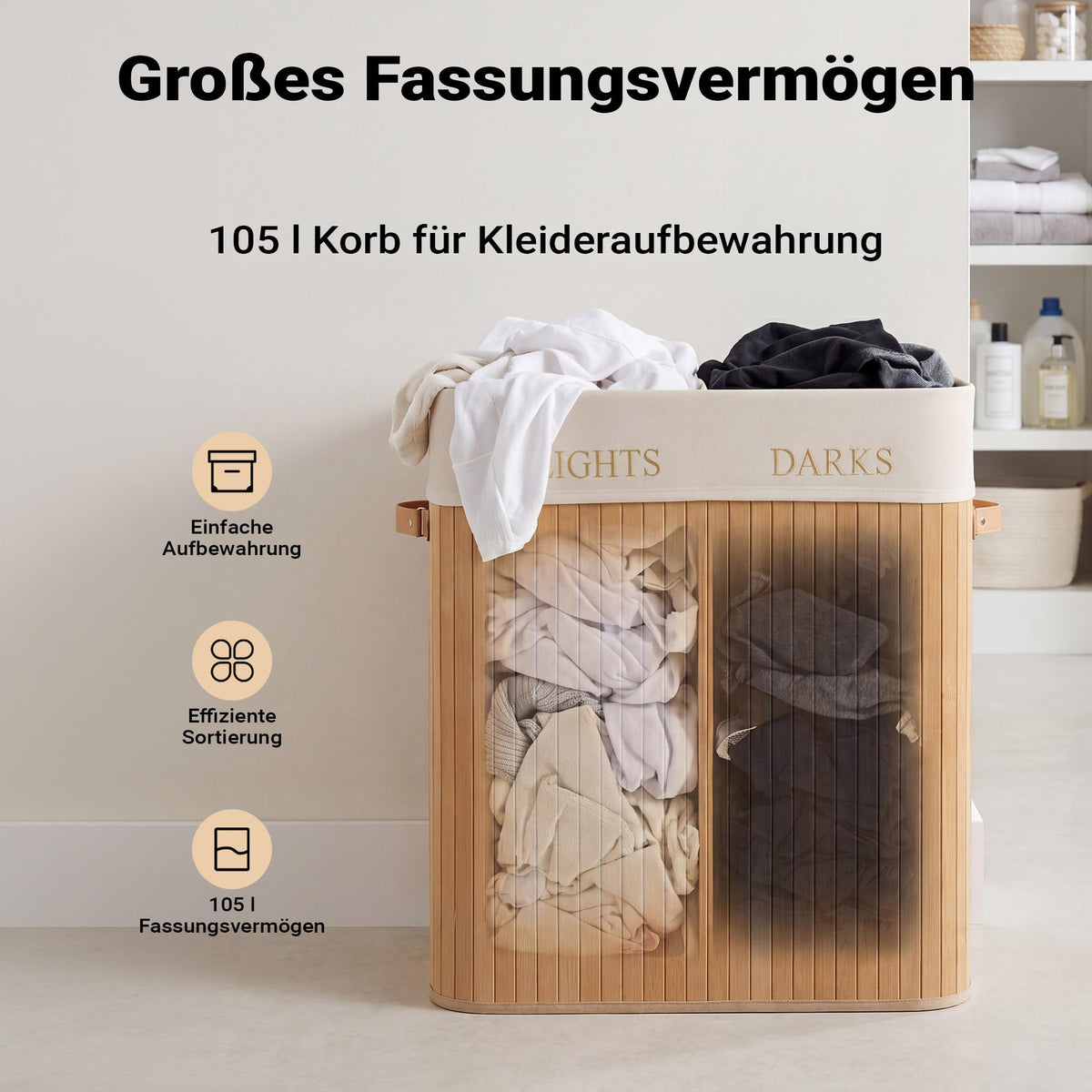 Wiltec Wäschebox 105 L natur Wäschekorb mit Deckel aus Bambus faltbare Wäschebox mit Leinensack mit 2 Fächern zum Sortieren von Schmutzwäsche
