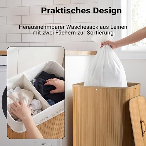 Wiltec Wäschebox 105 L natur Wäschekorb mit Deckel aus Bambus faltbare Wäschebox mit Leinensack mit 2 Fächern zum Sortieren von Schmutzwäsche