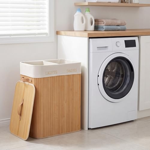 Wiltec Wäschebox 105 L natur Wäschekorb mit Deckel aus Bambus faltbare Wäschebox mit Leinensack mit 2 Fächern zum Sortieren von Schmutzwäsche