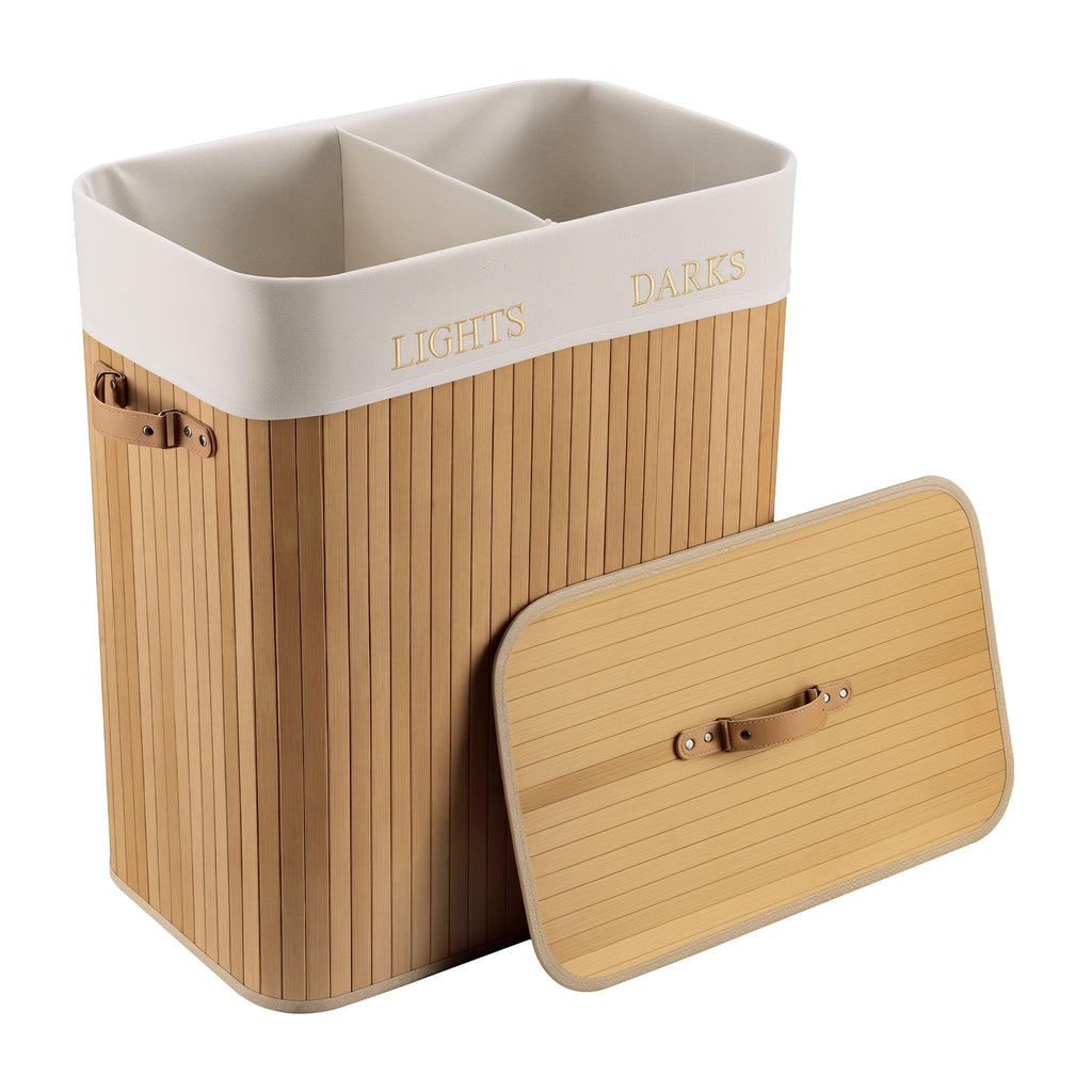Wiltec Wäschebox 105 L natur Wäschekorb mit Deckel aus Bambus faltbare Wäschebox mit Leinensack mit 2 Fächern zum Sortieren von Schmutzwäsche