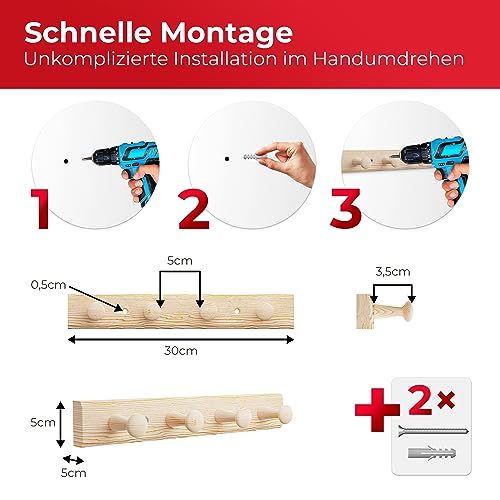 LouMaxx Garderobenleiste Holz aus Kiefer mit 4 Holzhaken – Hakenleiste Holz für Kinderzimmer – Garderobenleiste Kinder – unbehandelt, FSC zertifiziert, Made in EU