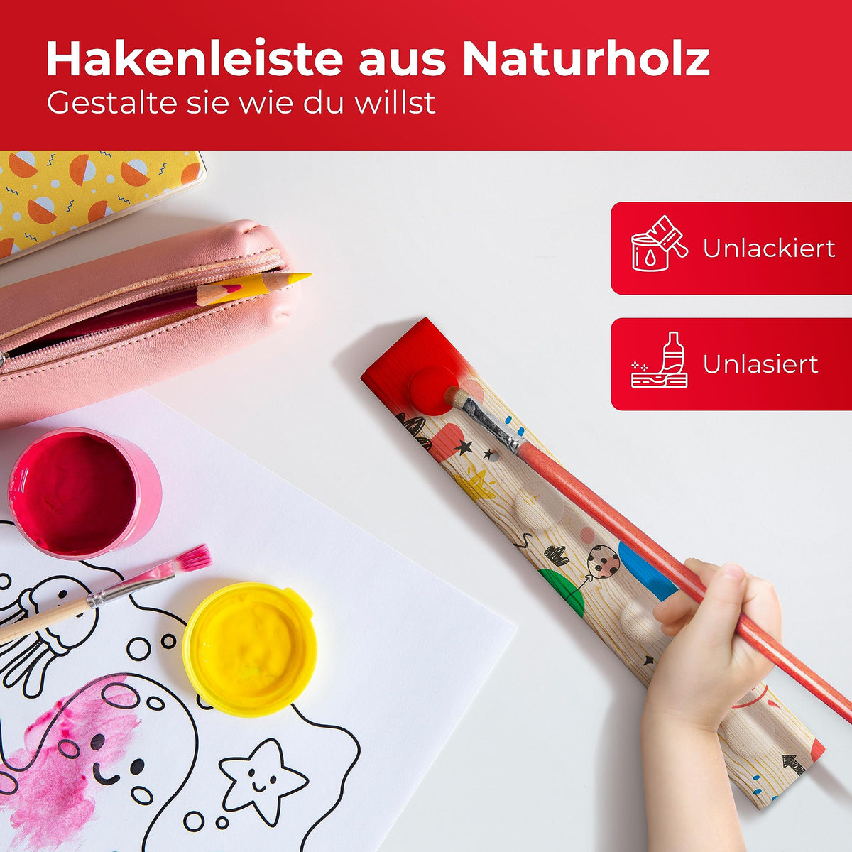 LouMaxx Garderobenleiste Holz aus Kiefer mit 4 Holzhaken – Hakenleiste Holz für Kinderzimmer – Garderobenleiste Kinder – unbehandelt, FSC zertifiziert, Made in EU