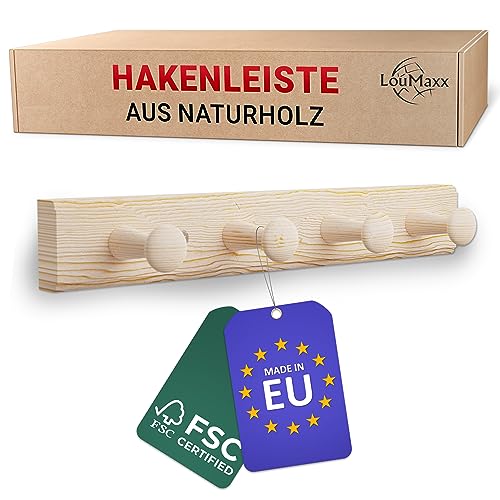LouMaxx Garderobenleiste Holz aus Kiefer mit 4 Holzhaken – Hakenleiste Holz für Kinderzimmer – Garderobenleiste Kinder – unbehandelt, FSC zertifiziert, Made in EU
