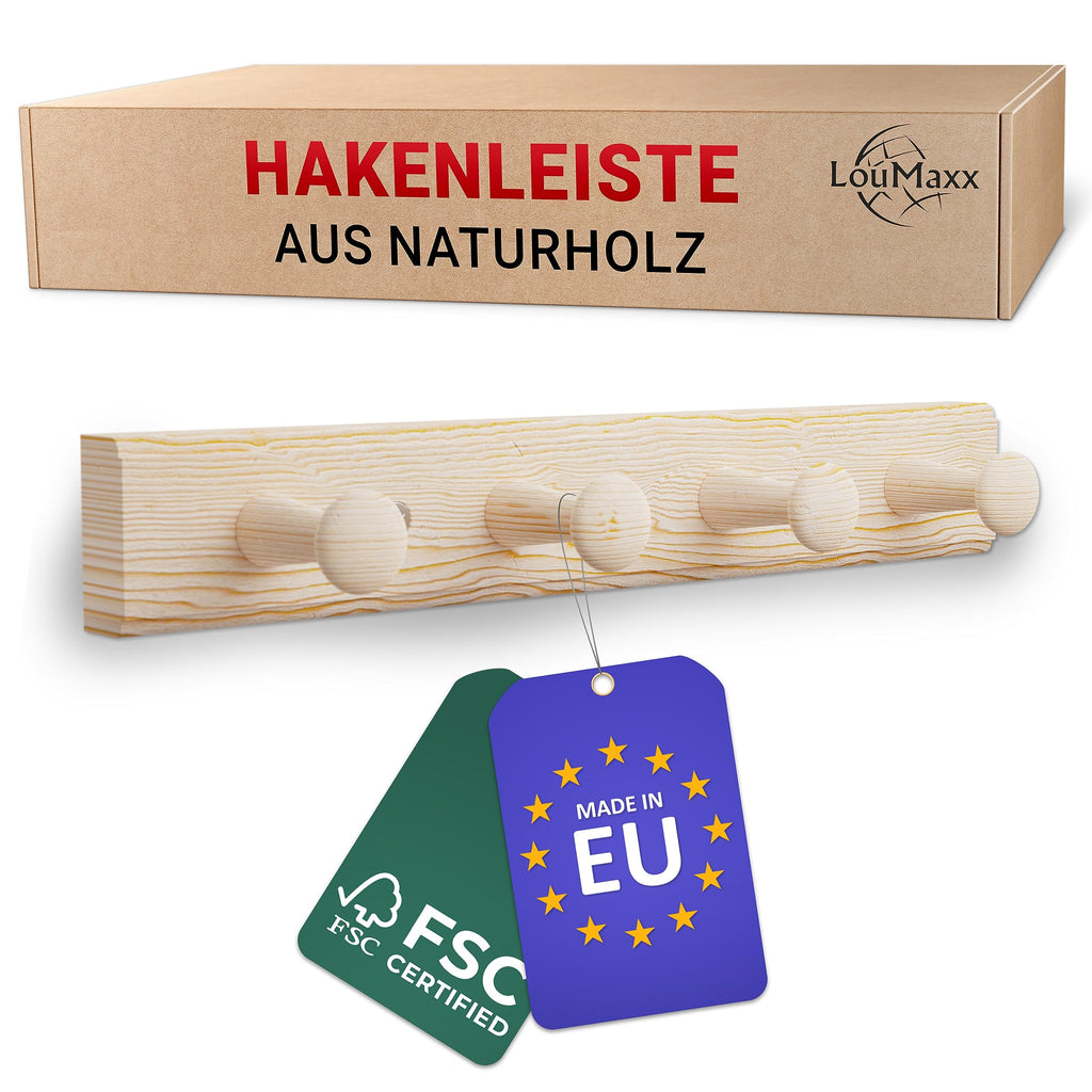 LouMaxx Garderobenleiste Holz aus Kiefer mit 4 Holzhaken – Hakenleiste Holz für Kinderzimmer – Garderobenleiste Kinder – unbehandelt, FSC zertifiziert, Made in EU