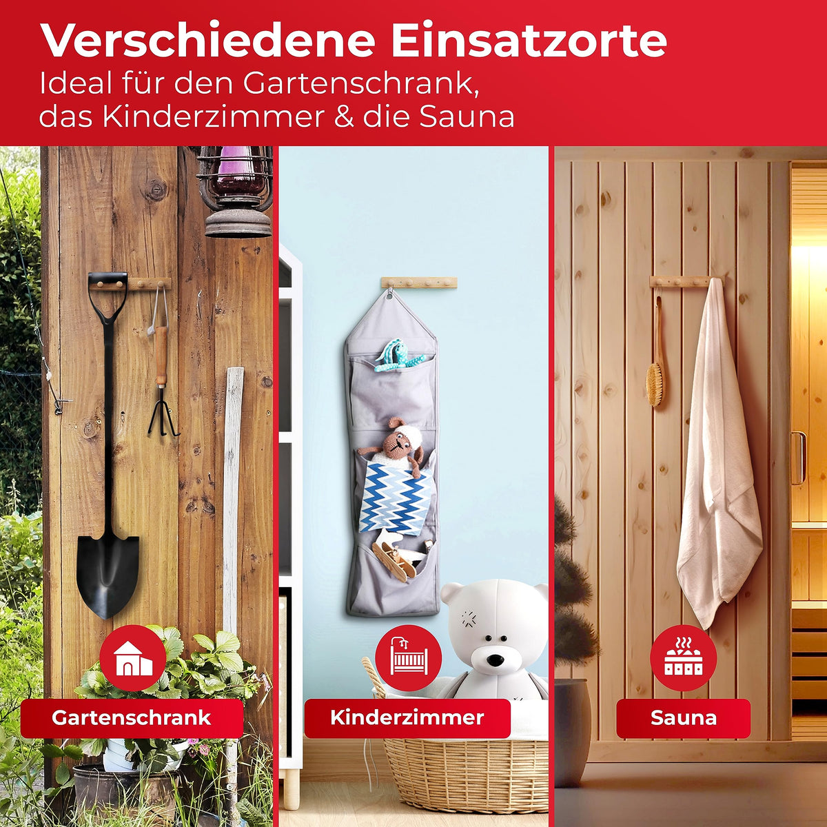 LouMaxx Garderobenleiste Holz aus Kiefer mit 4 Holzhaken – Hakenleiste Holz für Kinderzimmer – Garderobenleiste Kinder – unbehandelt, FSC zertifiziert, Made in EU