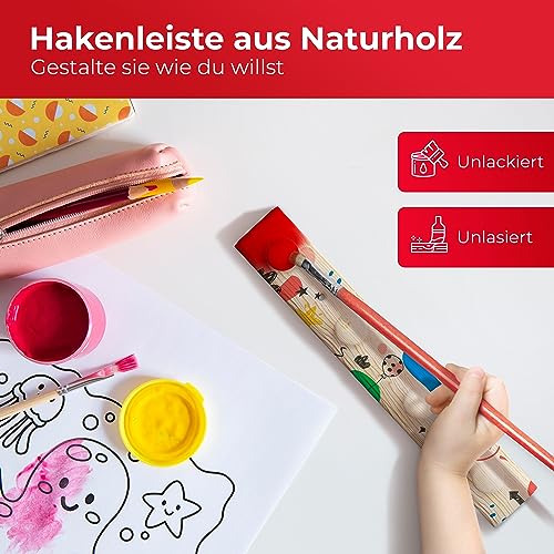 LouMaxx Garderobenleiste Holz aus Kiefer mit 4 Holzhaken – Hakenleiste Holz für Kinderzimmer – Garderobenleiste Kinder – unbehandelt, FSC zertifiziert, Made in EU