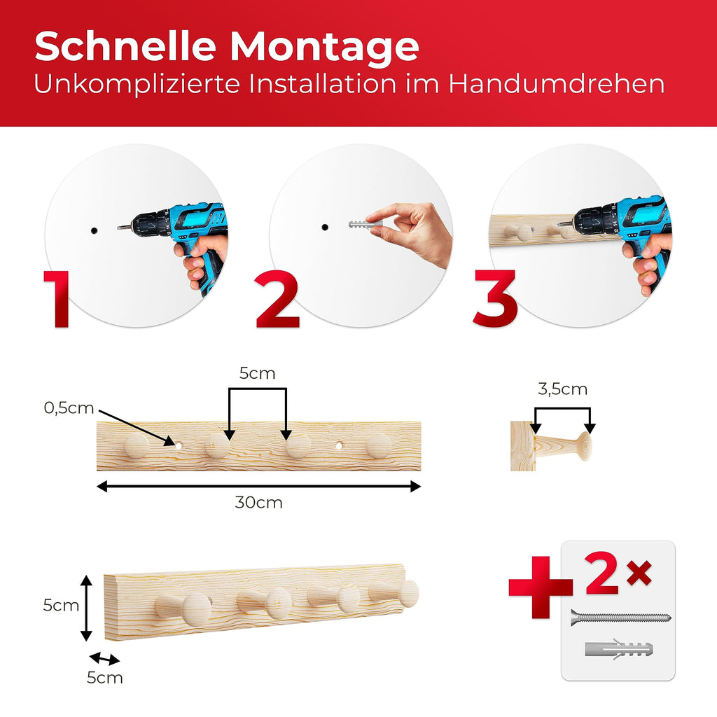 LouMaxx Garderobenleiste Holz aus Kiefer mit 4 Holzhaken – Hakenleiste Holz für Kinderzimmer – Garderobenleiste Kinder – unbehandelt, FSC zertifiziert, Made in EU