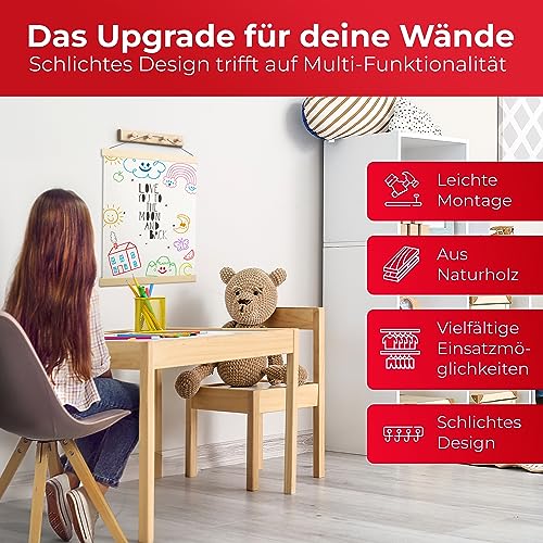 LouMaxx Garderobenleiste Holz aus Kiefer mit 4 Holzhaken – Hakenleiste Holz für Kinderzimmer – Garderobenleiste Kinder – unbehandelt, FSC zertifiziert, Made in EU