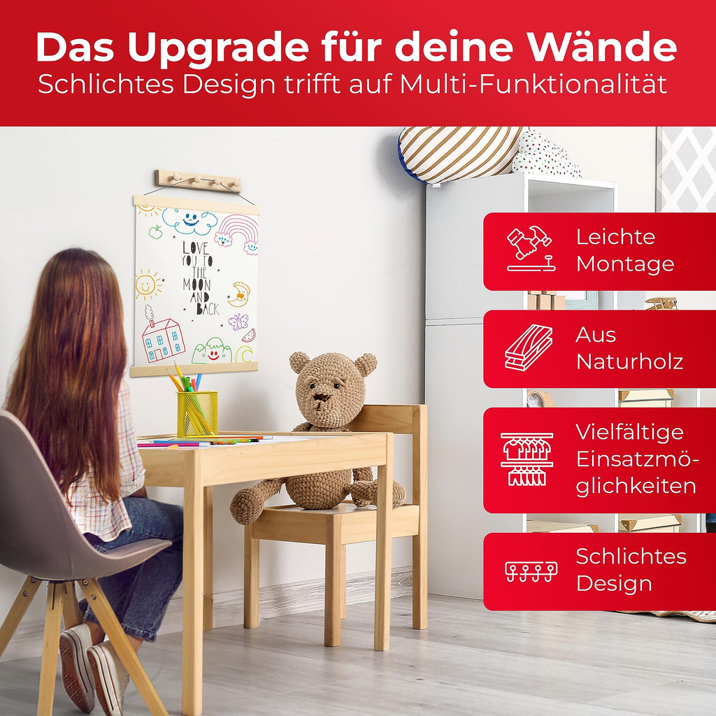 LouMaxx Garderobenleiste Holz aus Kiefer mit 4 Holzhaken – Hakenleiste Holz für Kinderzimmer – Garderobenleiste Kinder – unbehandelt, FSC zertifiziert, Made in EU