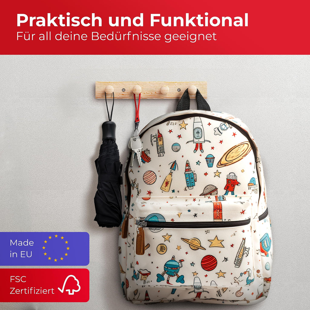 LouMaxx Garderobenleiste Holz aus Kiefer mit 4 Holzhaken – Hakenleiste Holz für Kinderzimmer – Garderobenleiste Kinder – unbehandelt, FSC zertifiziert, Made in EU