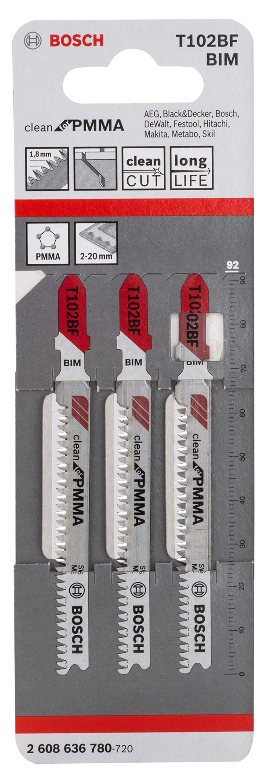 Bosch 3x Stichsägeblatt T 102 BF Clean for PMMA (für Plexyglas- & Acrylplatten, Professional Zubehör Stichsäge)