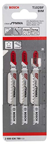Bosch 3x Stichsägeblatt T 102 BF Clean for PMMA (für Plexyglas- & Acrylplatten, Professional Zubehör Stichsäge)