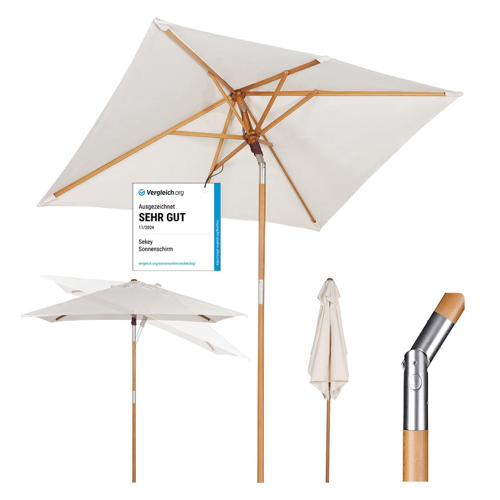 Sekey 200 × 150 cm Rechteckig Holz Sonnenschirm Marktschirm Gartenschirm Terrassenschirm Balkonschirm mit knickbar UV50+ Creme