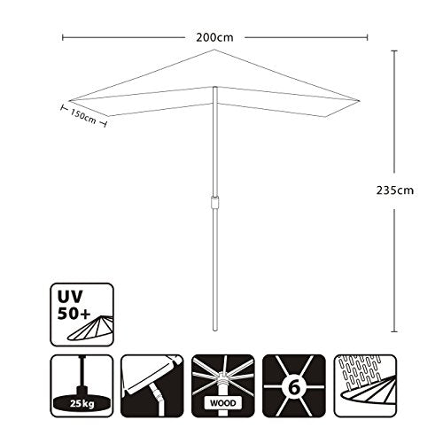 Sekey 200 × 150 cm Rechteckig Holz Sonnenschirm Marktschirm Gartenschirm Terrassenschirm Balkonschirm mit knickbar UV50+ Creme
