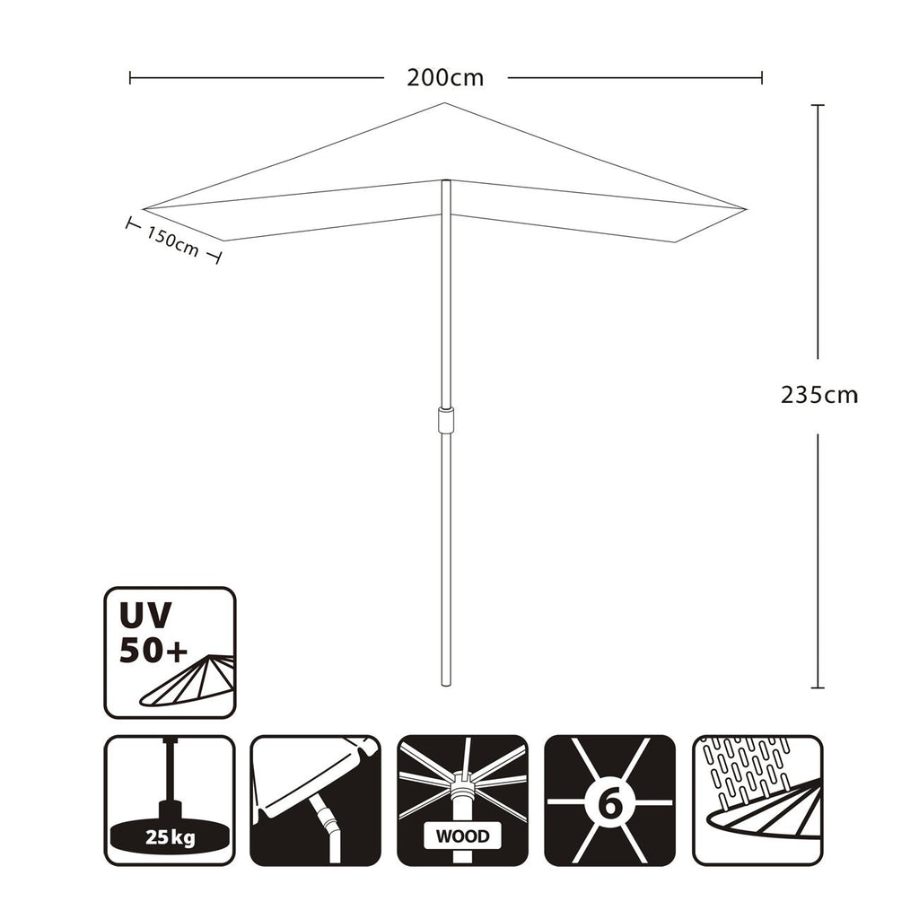 Sekey 200 × 150 cm Rechteckig Holz Sonnenschirm Marktschirm Gartenschirm Terrassenschirm Balkonschirm mit knickbar UV50+ Creme