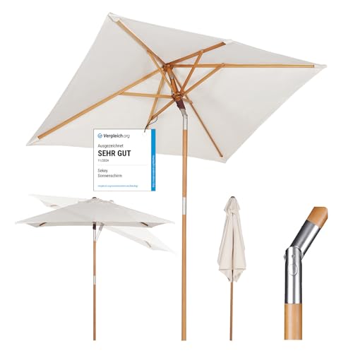 Sekey 200 × 150 cm Rechteckig Holz Sonnenschirm Marktschirm Gartenschirm Terrassenschirm Balkonschirm mit knickbar UV50+ Creme