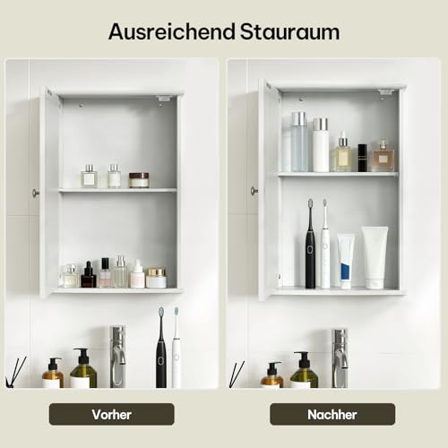 eSituro Spiegelschrank, Badspiegel Hängeschrank mit Türen, Platzsparender Wandschrank mit verstellbaren Regalen, Badschrank, Weiß, BHT 42x58,5x12cm