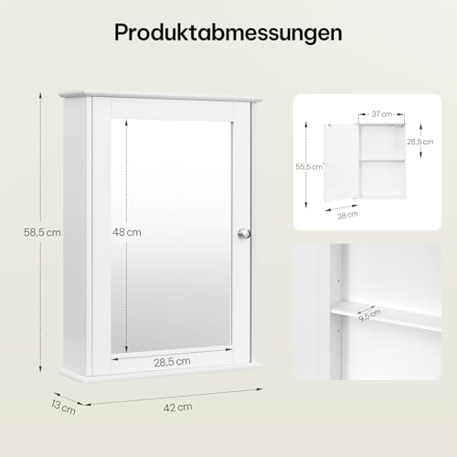 eSituro Spiegelschrank, Badspiegel Hängeschrank mit Türen, Platzsparender Wandschrank mit verstellbaren Regalen, Badschrank, Weiß, BHT 42x58,5x12cm