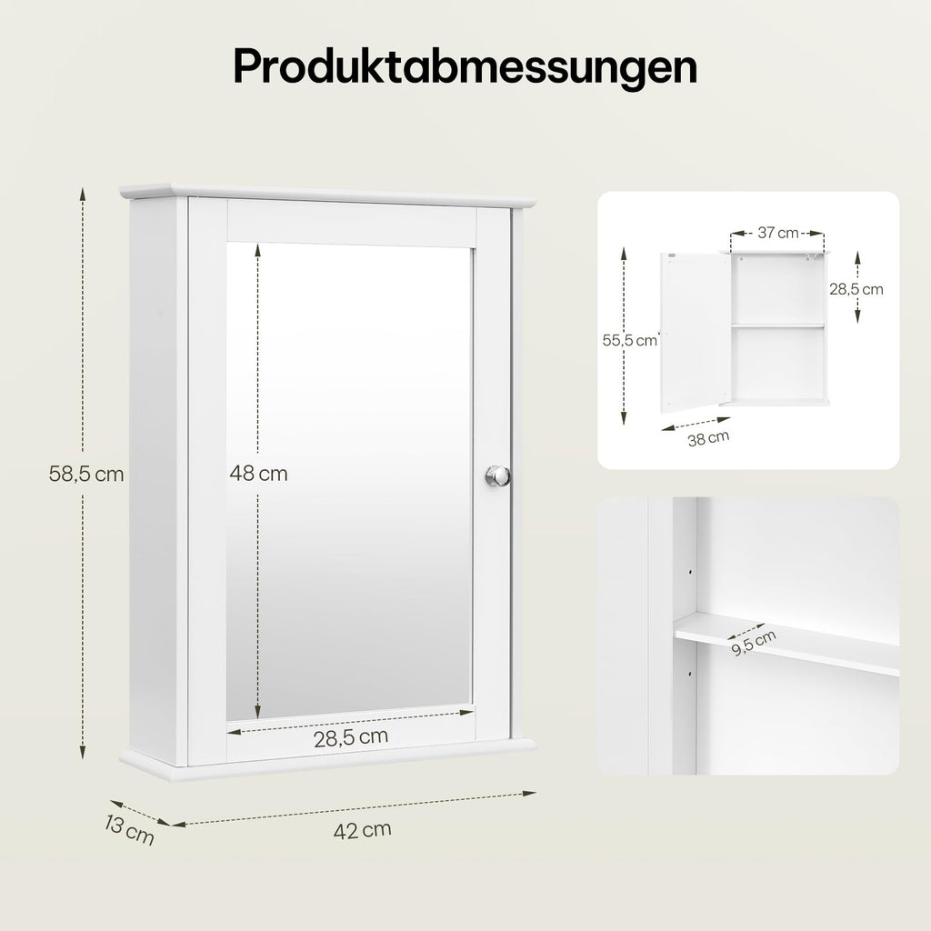 eSituro Spiegelschrank, Badspiegel Hängeschrank mit Türen, Platzsparender Wandschrank mit verstellbaren Regalen, Badschrank, Weiß, BHT 42x58,5x12cm