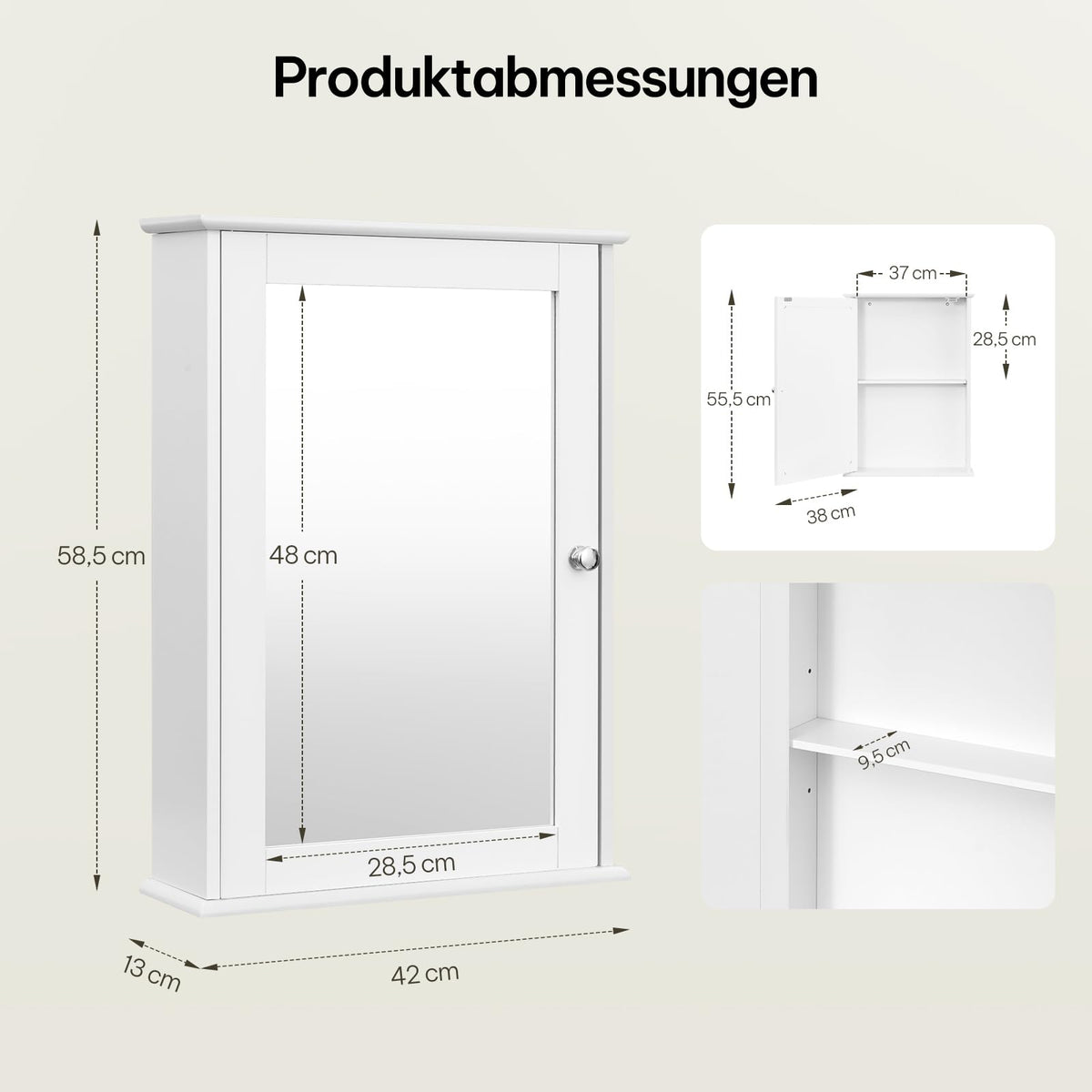 eSituro Spiegelschrank, Badspiegel Hängeschrank mit Türen, Platzsparender Wandschrank mit verstellbaren Regalen, Badschrank, Weiß, BHT 42x58,5x12cm