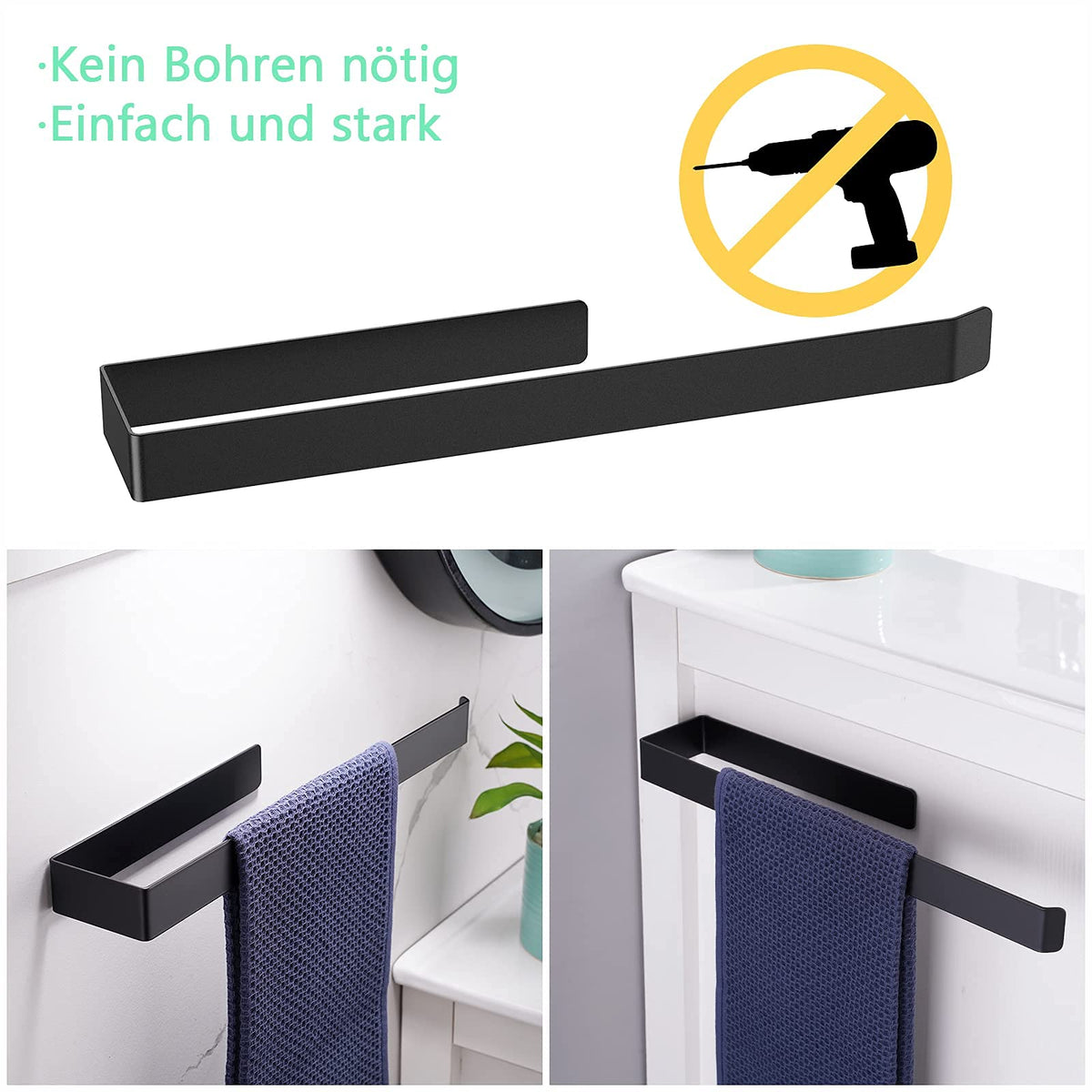 Aikzik Handtuchhalter ohne Bohren, 304 Edelstahl Handtuchstange zum Kleben für Bad & Küche, Matt Schwarz