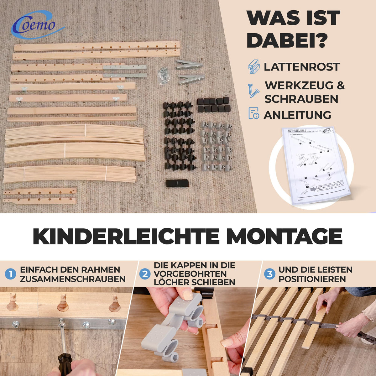 Coemo 2 STK. Lattenrost mit 7-Zonen, 90x200 cm, 2er-Set, Doppel-Lattenrost