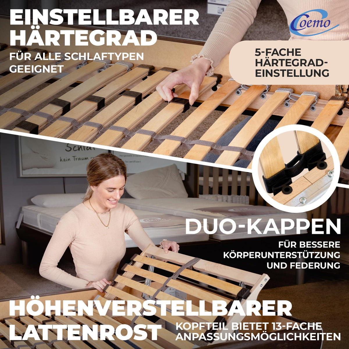 Coemo 2 STK. Lattenrost mit 7-Zonen, 90x200 cm, 2er-Set, Doppel-Lattenrost