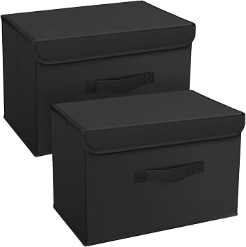 DIMJ 2 Stück Aufbewahrungsboxen mit Deckel, Faltbare Aufbewahrungskiste mit Griff, Aufbewahrungskorb Stoff, Ordnungsboxen Kleiderschrank Organizer, Faltbox für Kleidung, Schwarz