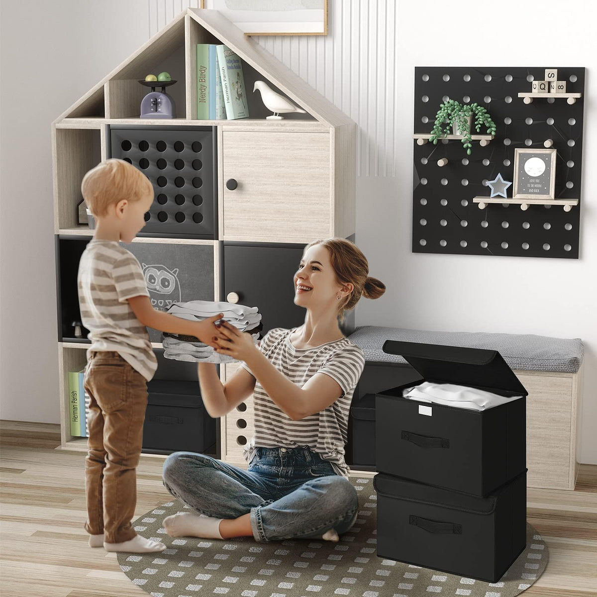 DIMJ 2 Stück Aufbewahrungsboxen mit Deckel, Faltbare Aufbewahrungskiste mit Griff, Aufbewahrungskorb Stoff, Ordnungsboxen Kleiderschrank Organizer, Faltbox für Kleidung, Schwarz