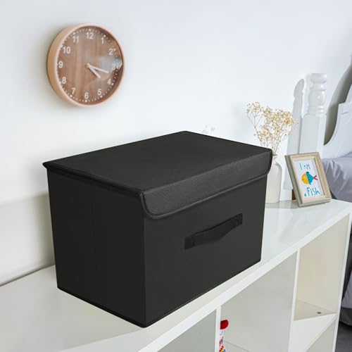DIMJ 2 Stück Aufbewahrungsboxen mit Deckel, Faltbare Aufbewahrungskiste mit Griff, Aufbewahrungskorb Stoff, Ordnungsboxen Kleiderschrank Organizer, Faltbox für Kleidung, Schwarz