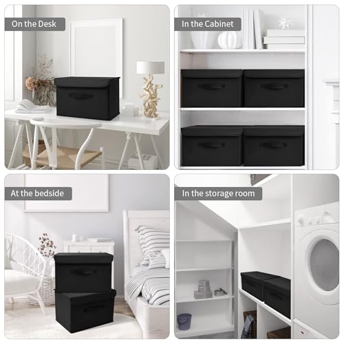 DIMJ 2 Stück Aufbewahrungsboxen mit Deckel, Faltbare Aufbewahrungskiste mit Griff, Aufbewahrungskorb Stoff, Ordnungsboxen Kleiderschrank Organizer, Faltbox für Kleidung, Schwarz