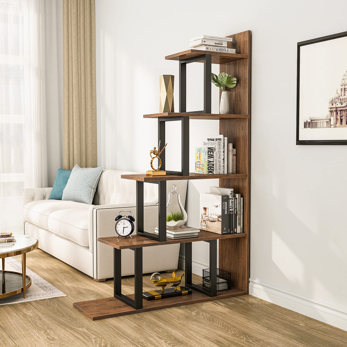 YITAHOME Bücherregal mit 5 Regalen, L-Form, freistehende Leiter, Eck-Bücherregal, moderner minimalistischer Stil, Mehrzweck-Aufbewahrungsregal für Wohnzimmer, Schlafzimmer, Flur, Büro, Schwarz