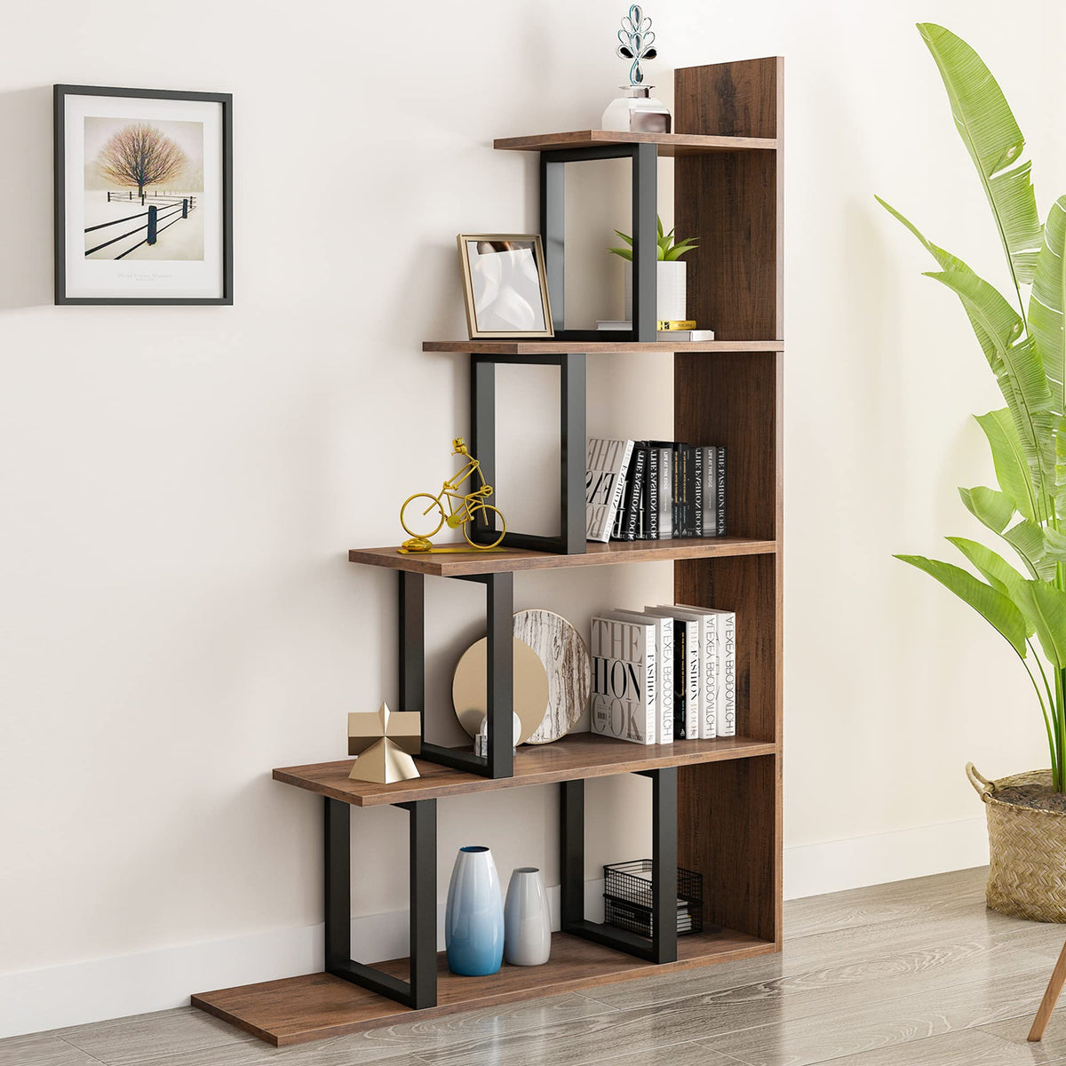 YITAHOME Bücherregal mit 5 Regalen, L-Form, freistehende Leiter, Eck-Bücherregal, moderner minimalistischer Stil, Mehrzweck-Aufbewahrungsregal für Wohnzimmer, Schlafzimmer, Flur, Büro, Schwarz