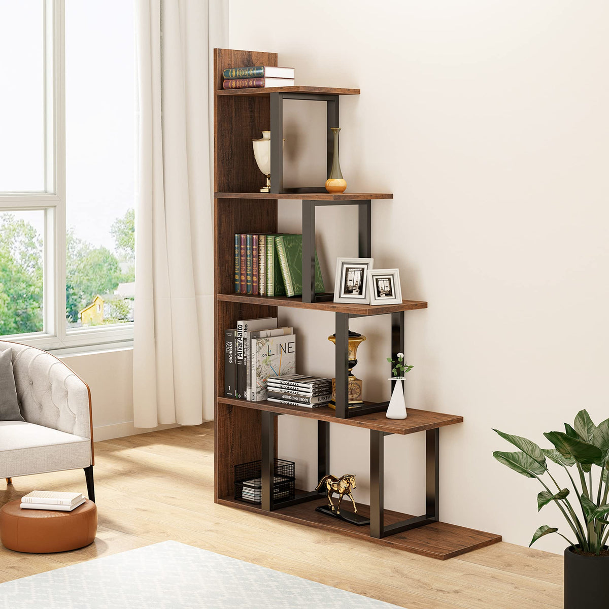 YITAHOME Bücherregal mit 5 Regalen, L-Form, freistehende Leiter, Eck-Bücherregal, moderner minimalistischer Stil, Mehrzweck-Aufbewahrungsregal für Wohnzimmer, Schlafzimmer, Flur, Büro, Schwarz