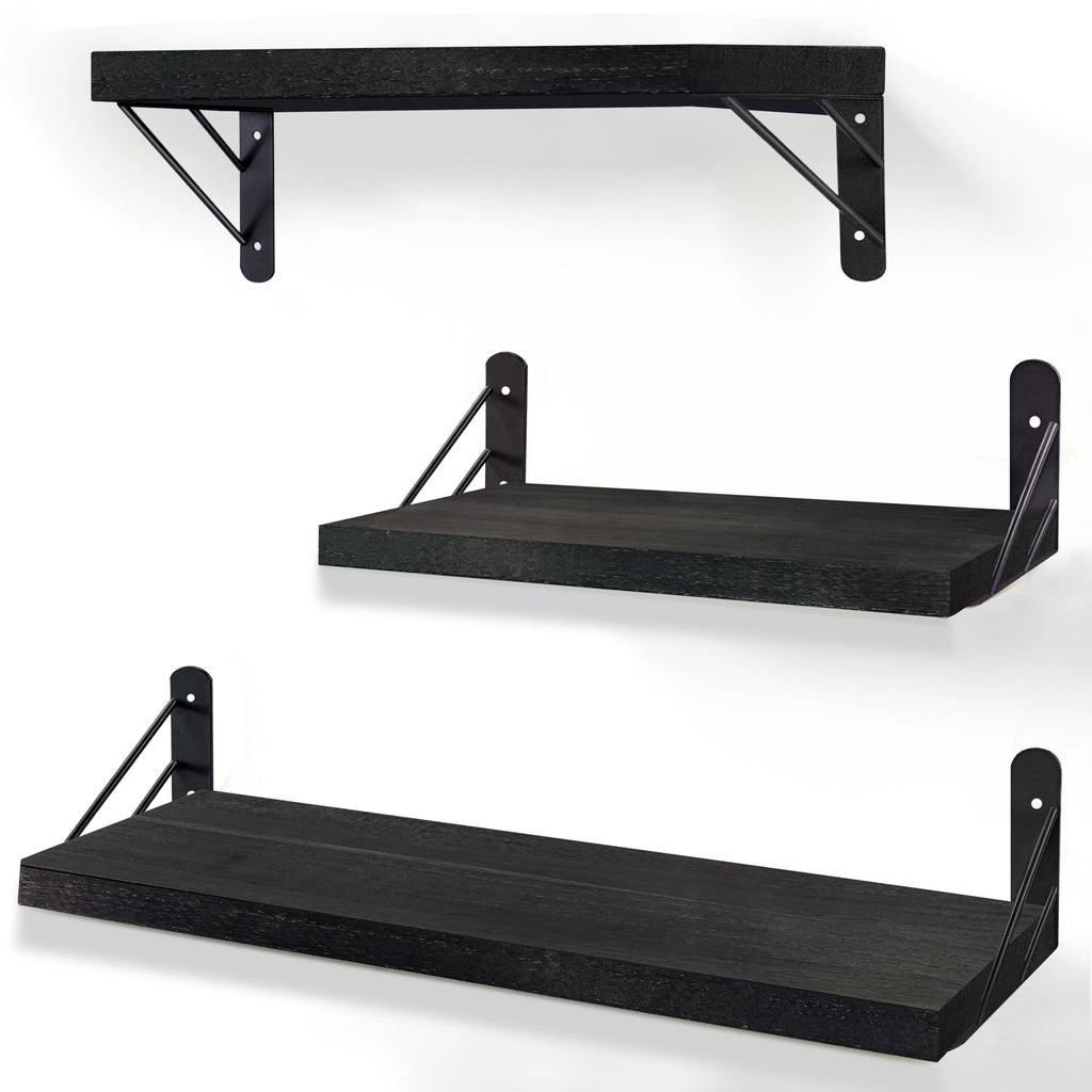 ZVZM Wandregal Holz Schwarz, 3 Stück Wandregal Küche Schweberegal, Wand Regale Holz, Regalbrett für Wohnzimmer, Schlafzimmer Oder Büro.