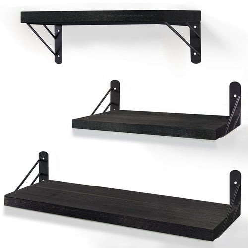 ZVZM Wandregal Holz Schwarz, 3 Stück Wandregal Küche Schweberegal, Wand Regale Holz, Regalbrett für Wohnzimmer, Schlafzimmer Oder Büro.