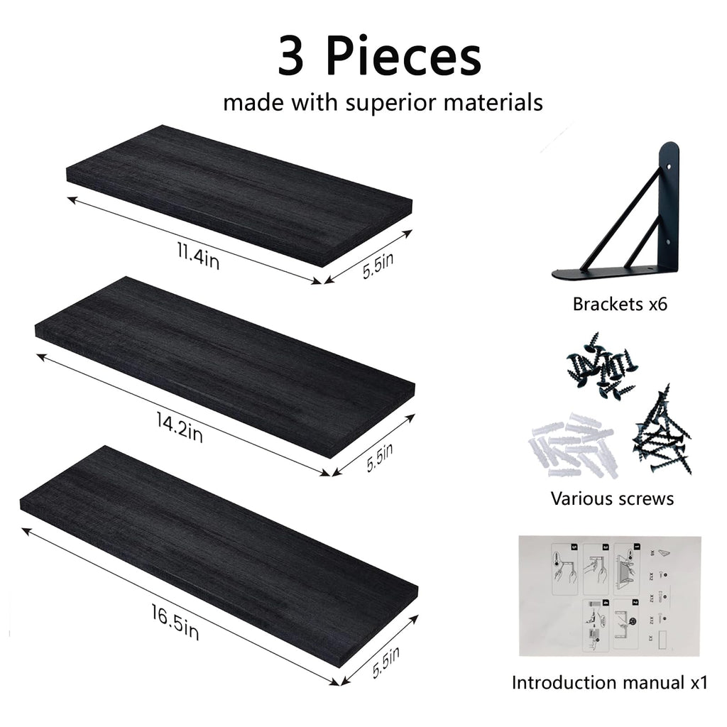 ZVZM Wandregal Holz Schwarz, 3 Stück Wandregal Küche Schweberegal, Wand Regale Holz, Regalbrett für Wohnzimmer, Schlafzimmer Oder Büro.