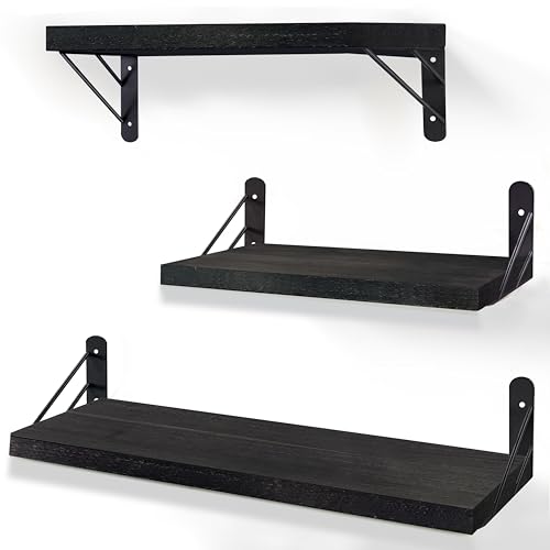 ZVZM Wandregal Holz Schwarz, 3 Stück Wandregal Küche Schweberegal, Wand Regale Holz, Regalbrett für Wohnzimmer, Schlafzimmer Oder Büro.