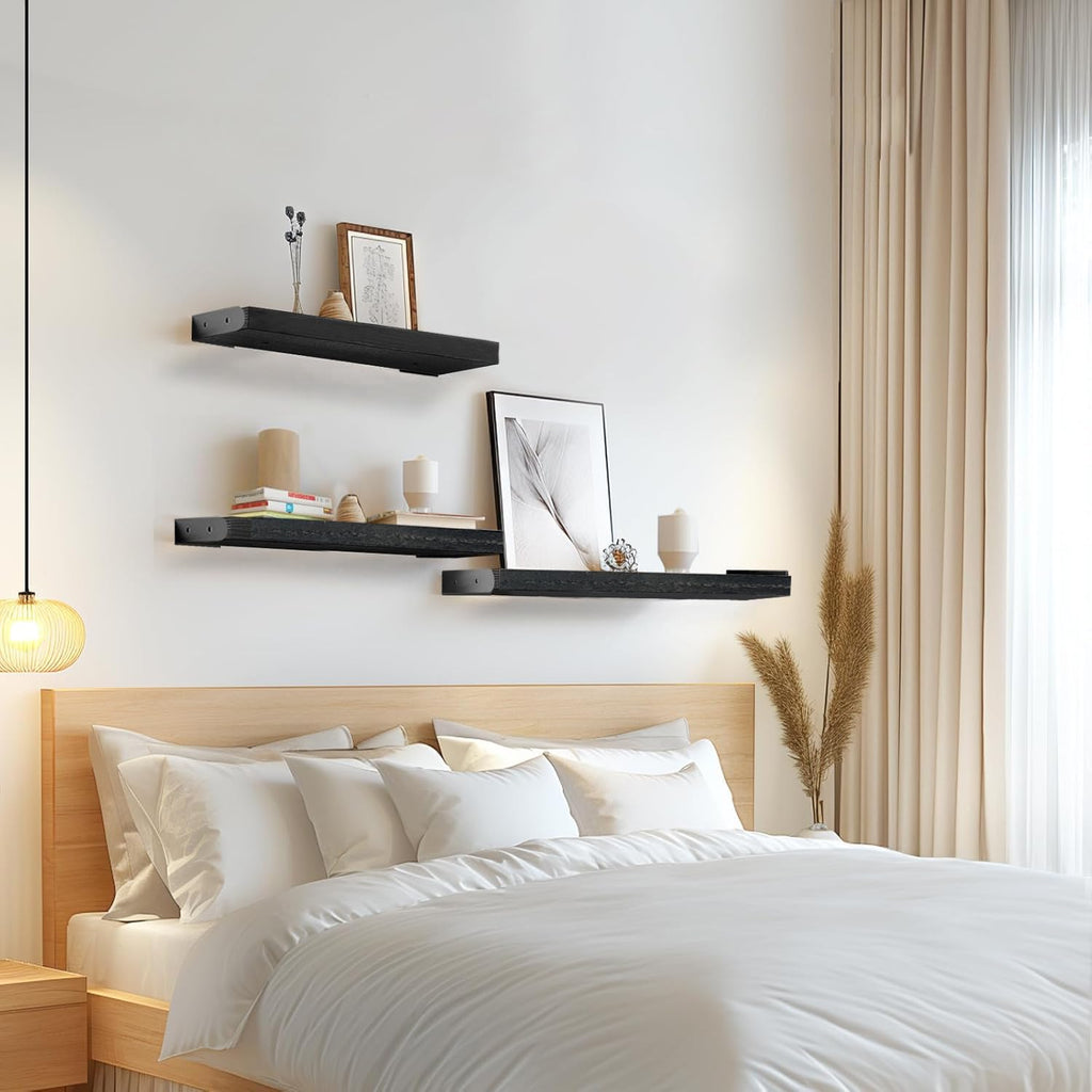 ZVZM Wandregal Holz Schwarz, 3 Stück Wandregal Küche Schweberegal, Wand Regale Holz, Regalbrett für Wohnzimmer, Schlafzimmer Oder Büro.